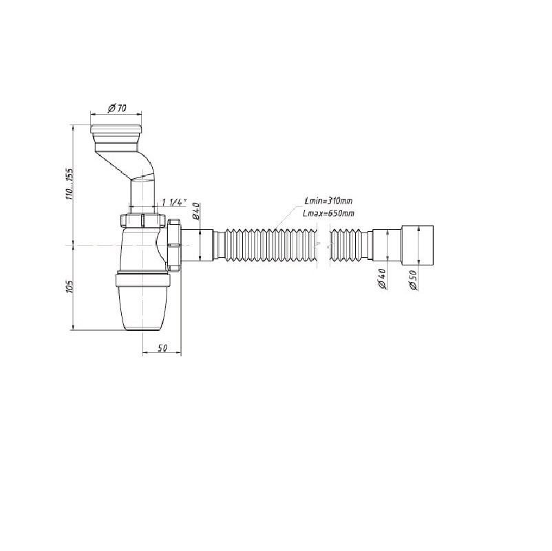 Сифон для писсуара с манжетами ORIO 1-1/4"х40 d40/46мм, с гибкой трубой 40-40/50 P-31009